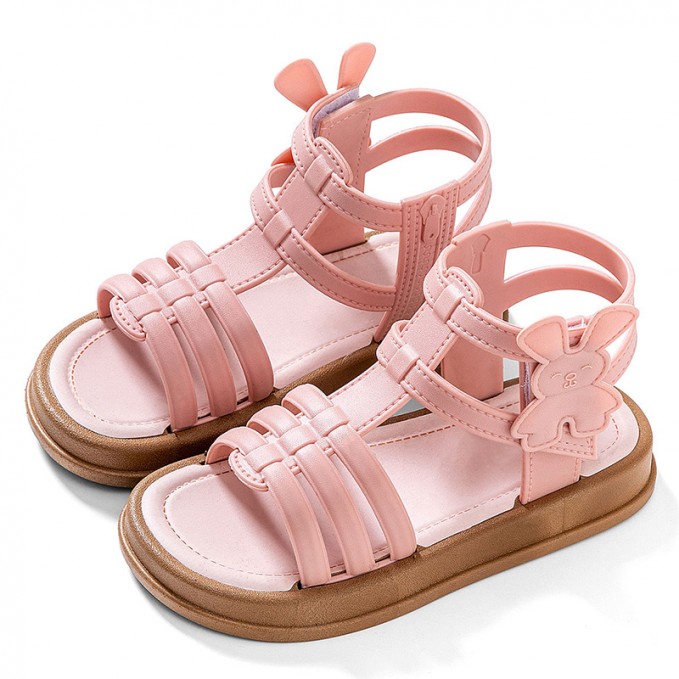 Rabbit decorated breathable woven flat sandals for girls