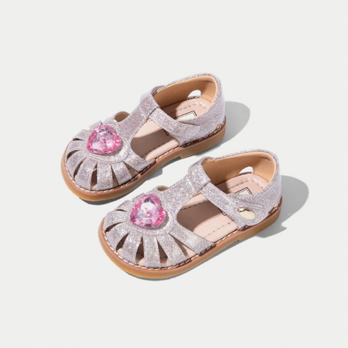 Crystal heart decorated glitter girls sandals