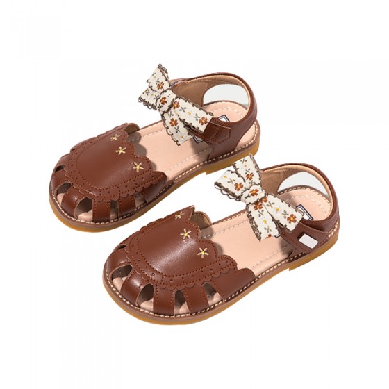 Embroidered bow detail soft sole girls sandals