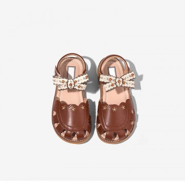 Embroidered bow detail soft sole girls sandals