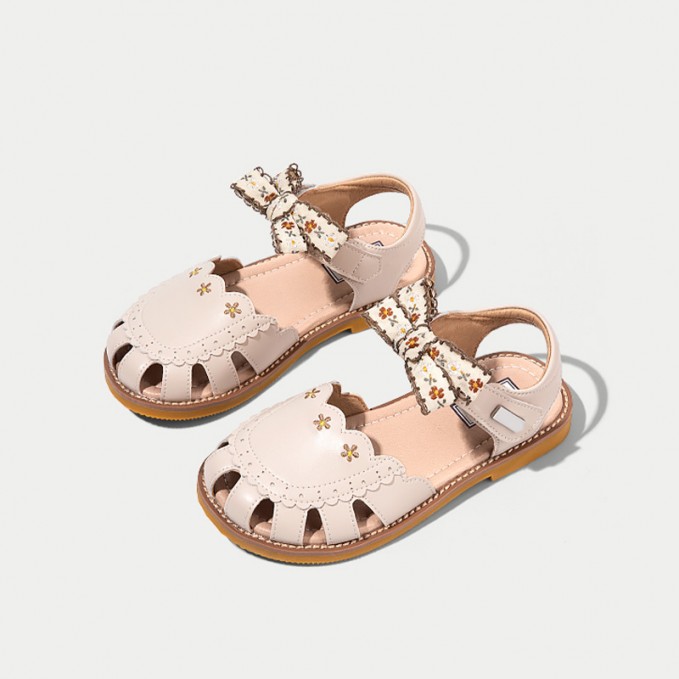 Embroidered bow detail soft sole girls sandals