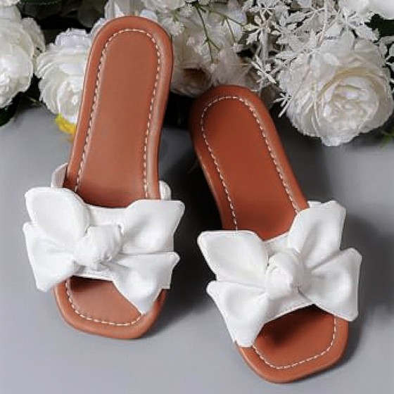 Square toe open toe bowknot flat slippers for girls