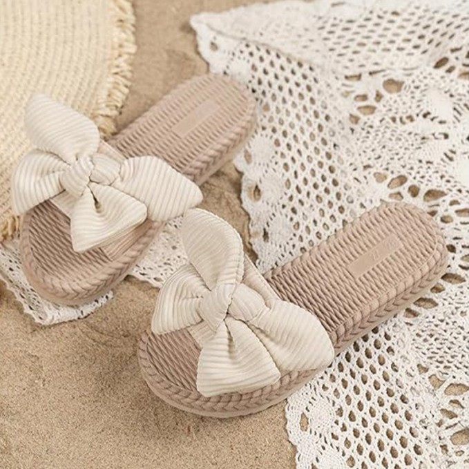 3D bowknot open toe flat slippers for girls