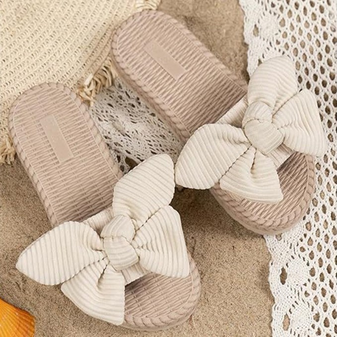3D bowknot open toe flat slippers for girls