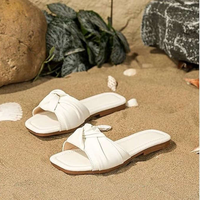Girls' pleated faux leather open toe flat slides
