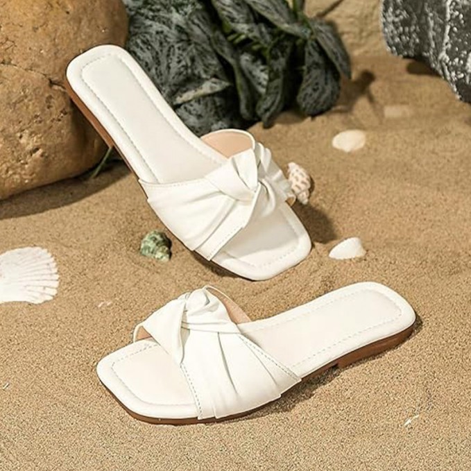Girls' pleated faux leather open toe flat slides