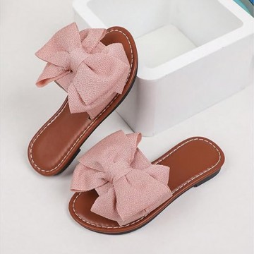 Bow decorated open toe flat girls slippers