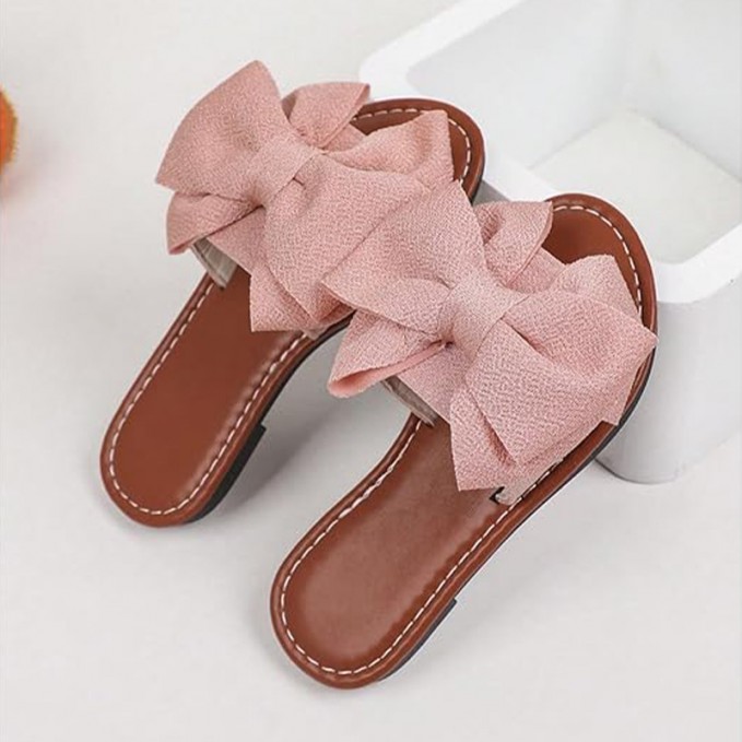 Bow decorated open toe flat girls slippers