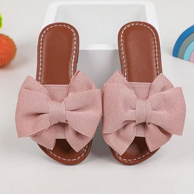 Bow decorated open toe flat girls slippers