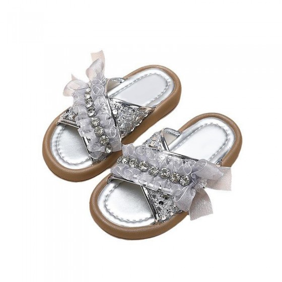 Sweet rhinestone decoration soft sole girls slippers