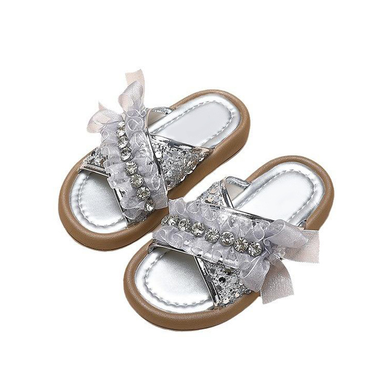Sweet rhinestone decoration soft sole girls slippers