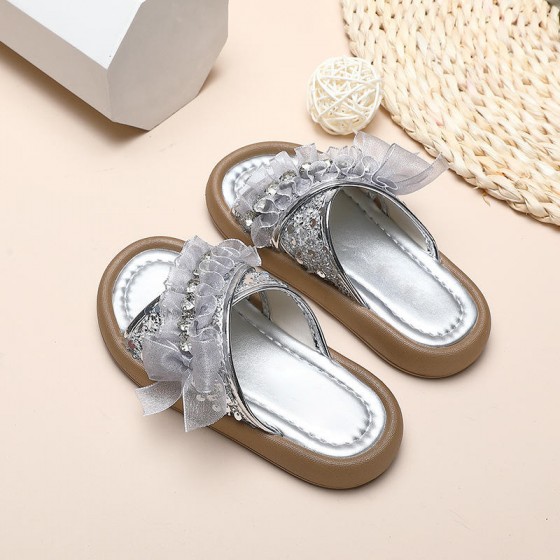 Sweet rhinestone decoration soft sole girls slippers