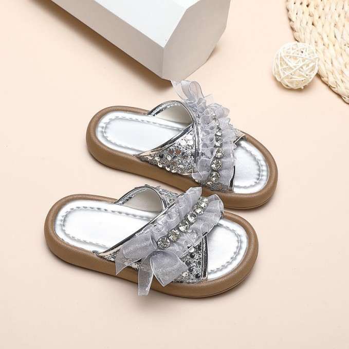 Sweet rhinestone decoration soft sole girls slippers
