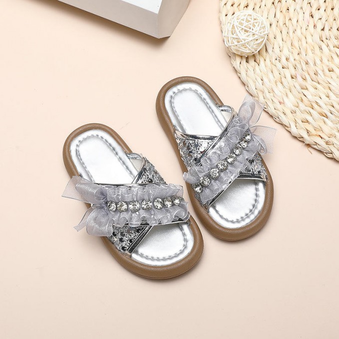 Sweet rhinestone decoration soft sole girls slippers
