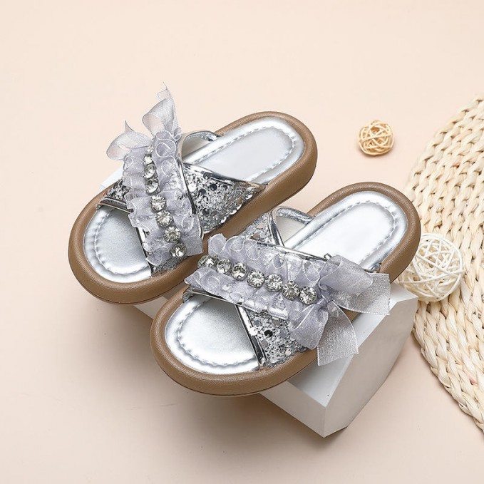 Sweet rhinestone decoration soft sole girls slippers