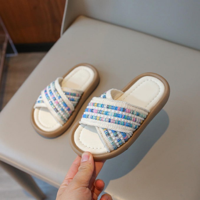 Colorful knitted cross strap girls slippers