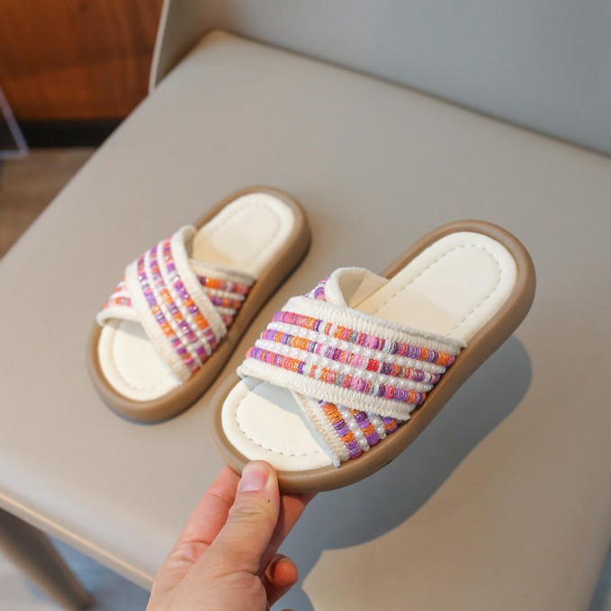 Colorful knitted cross strap girls slippers