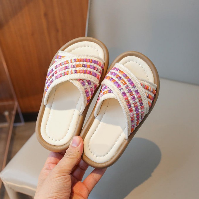 Colorful knitted cross strap girls slippers