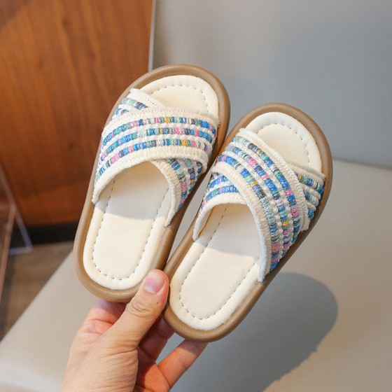 Colorful knitted cross strap girls slippers