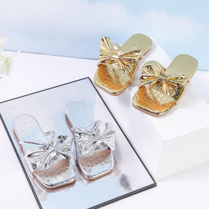Bowknot decoration flat toe non-slip girls slippers