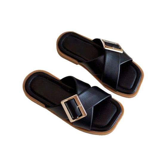 Cross leather strap flat toe non-slip girls slippers