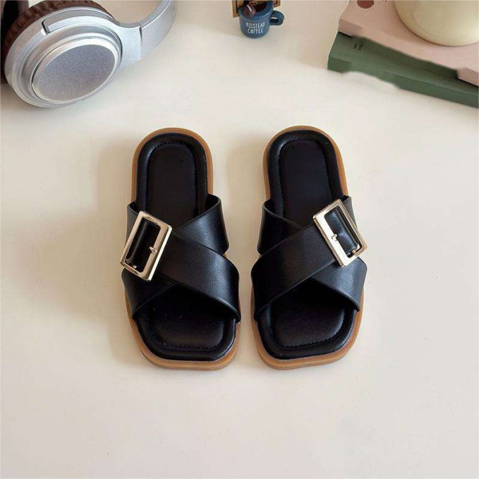 Cross leather strap flat toe non-slip girls slippers
