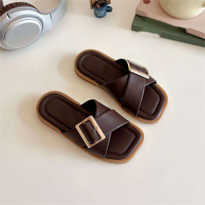 Cross leather strap flat toe non-slip girls slippers
