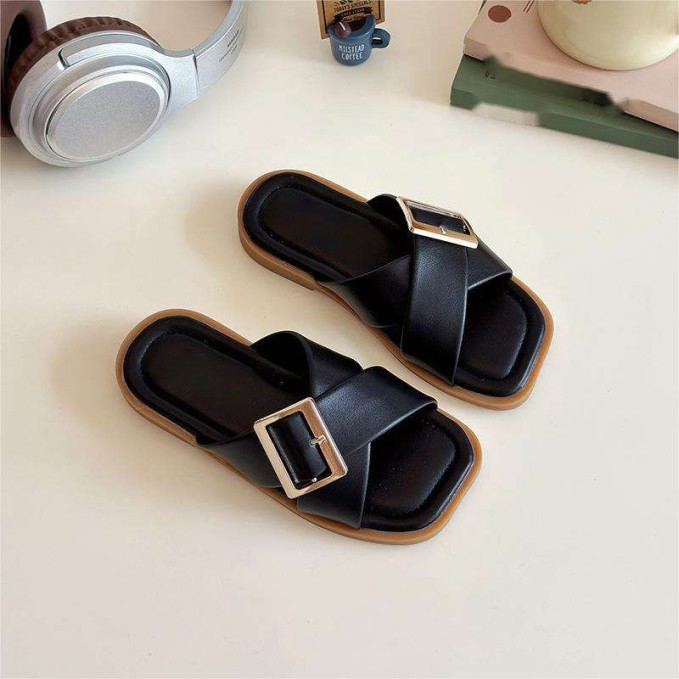 Cross leather strap flat toe non-slip girls slippers