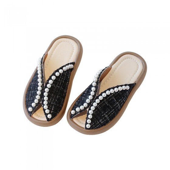 Pearl embellished round toe non-slip girls slippers