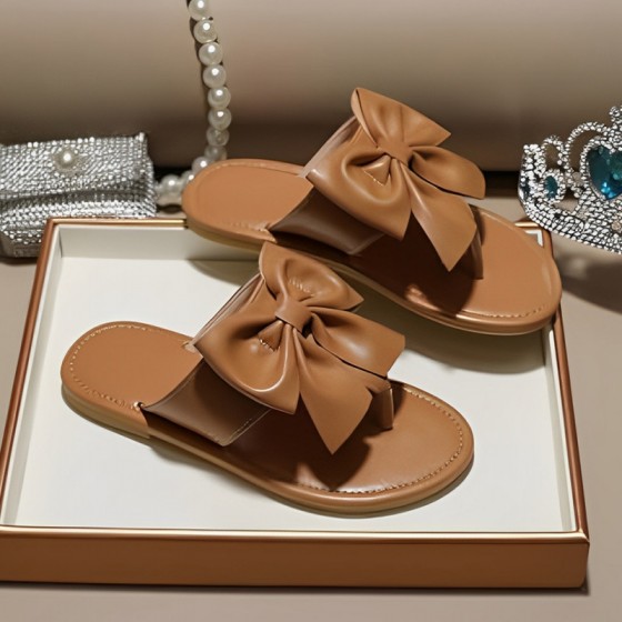 Brown elegant bow flat slippers for girls