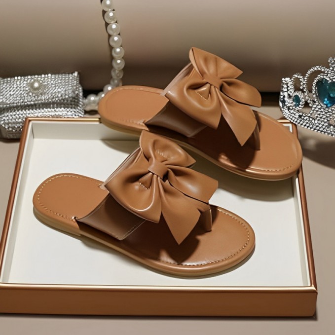 Brown elegant bow flat slippers for girls