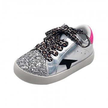 Premium leopard print silver leather girls sneakers