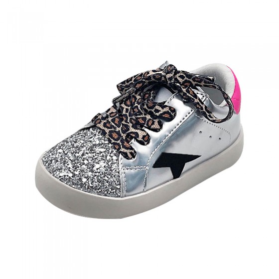 Premium leopard print silver leather girls sneakers