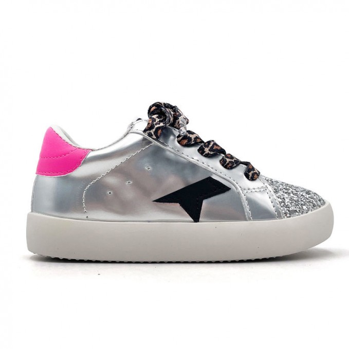 Premium leopard print silver leather girls sneakers