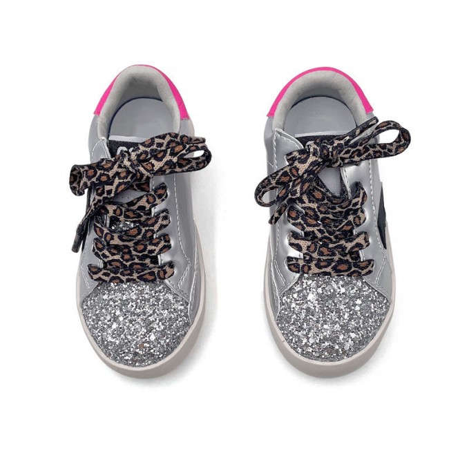 Premium leopard print silver leather girls sneakers