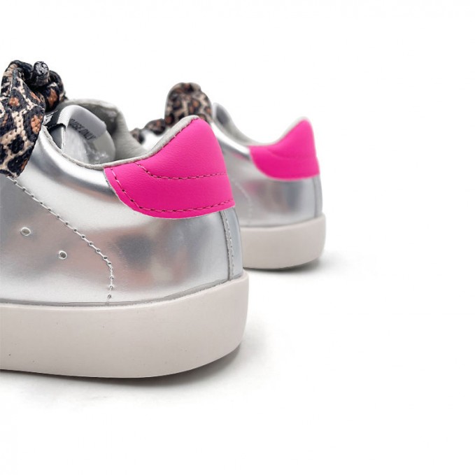 Premium leopard print silver leather girls sneakers