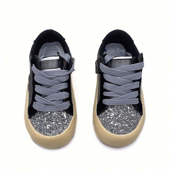 Girls' leather sneakers with sequined toe