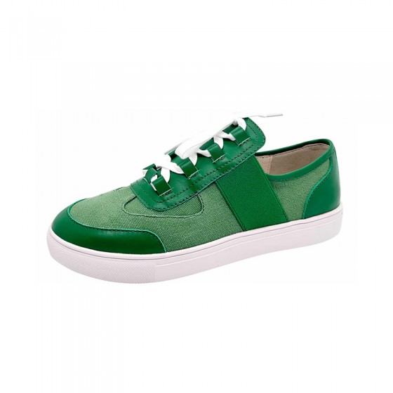 Green round toe lace-up girls sneakers